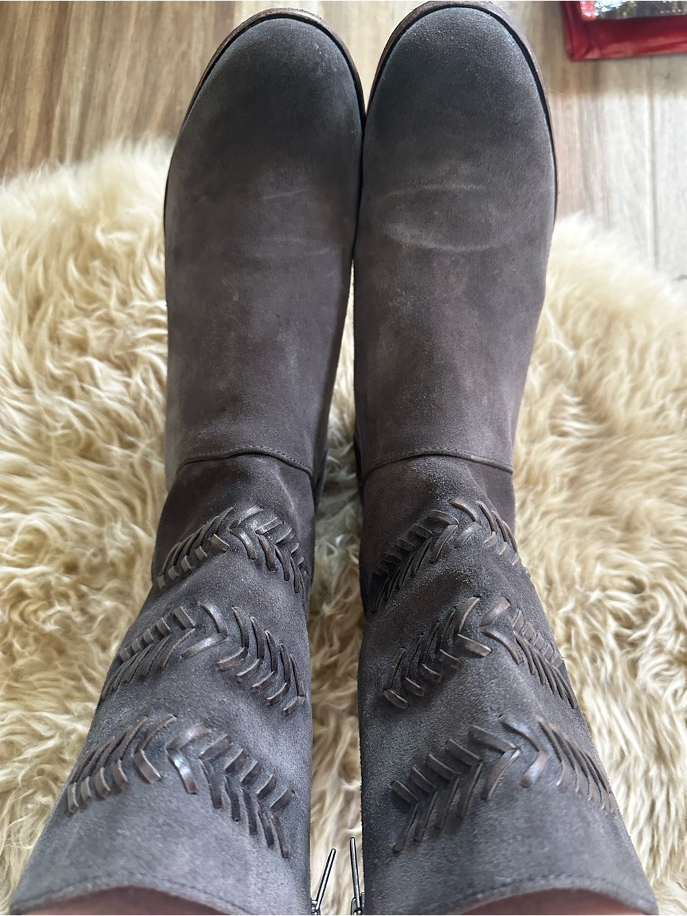 UGG Gray Suede Mid-Calf Boots with Braided Detail